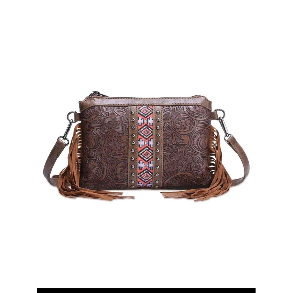 Western Crossbody Bag‎ Aztec Floral Embossed Fringe Purse Adjustable Strap
